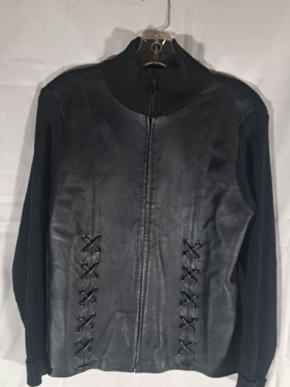 Escapade Vintage Black Leather & Ribbed Knit Lace-Up Jacket, Size L